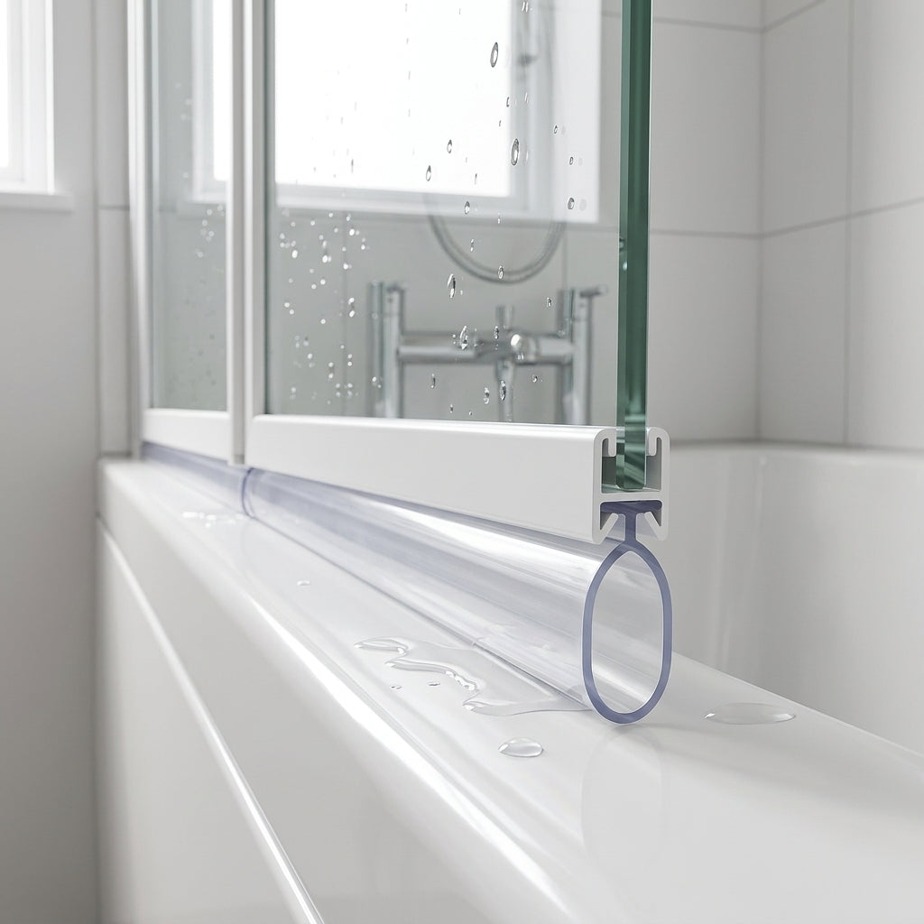 Clear 4.5mm T-head seal with 16mm body sealing an 11-16mm gap under a bifold bath screen