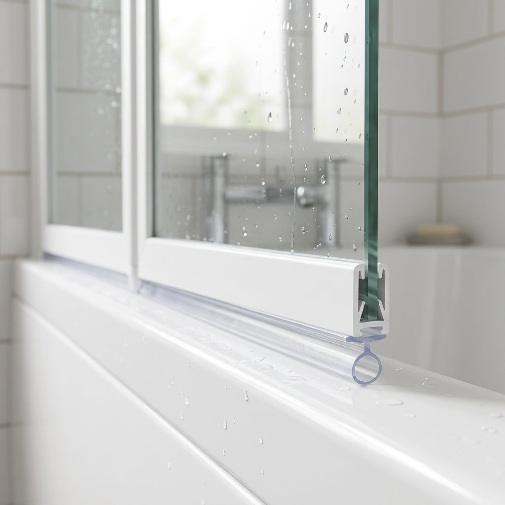 Clear 4mm T-head low-profile seal sealing a 2-6mm gap under a bifold bath screen