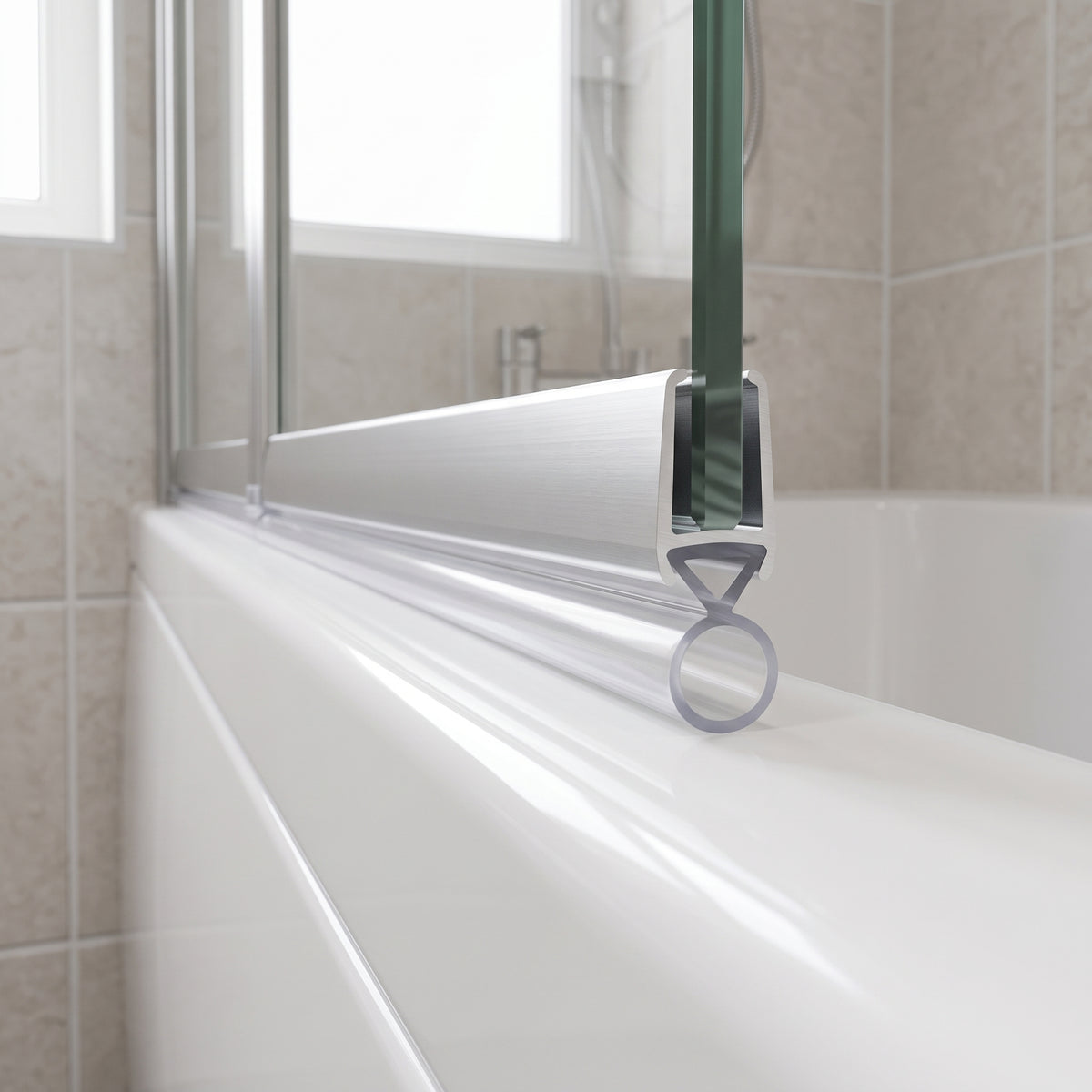 Clear ring-bubble seal under the silver rail of a bath screen, on a white bath with beige tiles behind