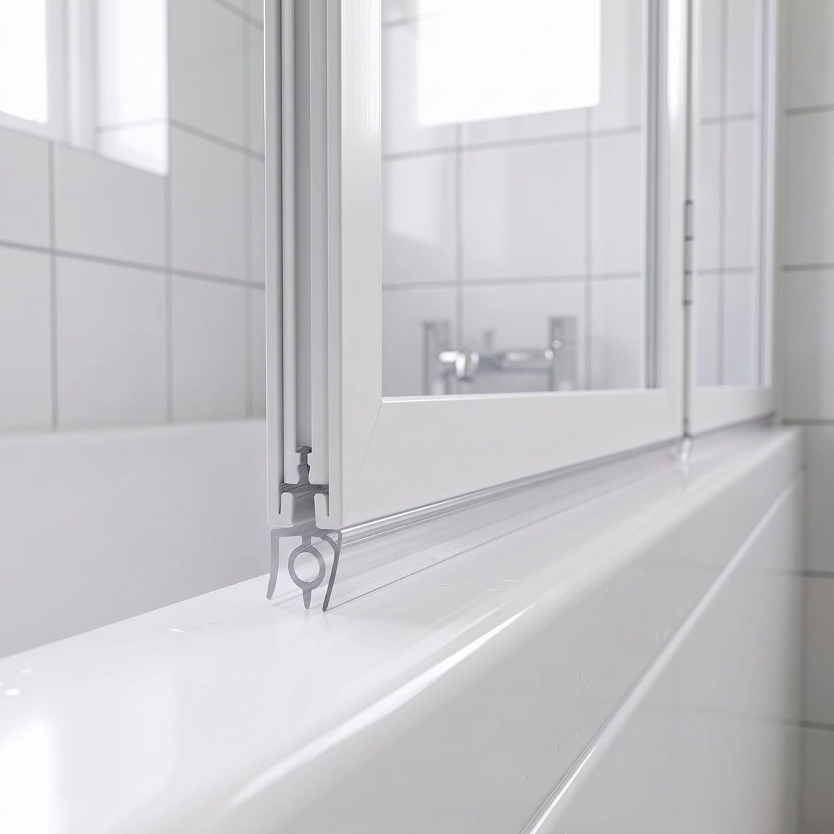 Clear ring-bead seal under the rail of a white-framed folding bath screen, sitting on the bath rim