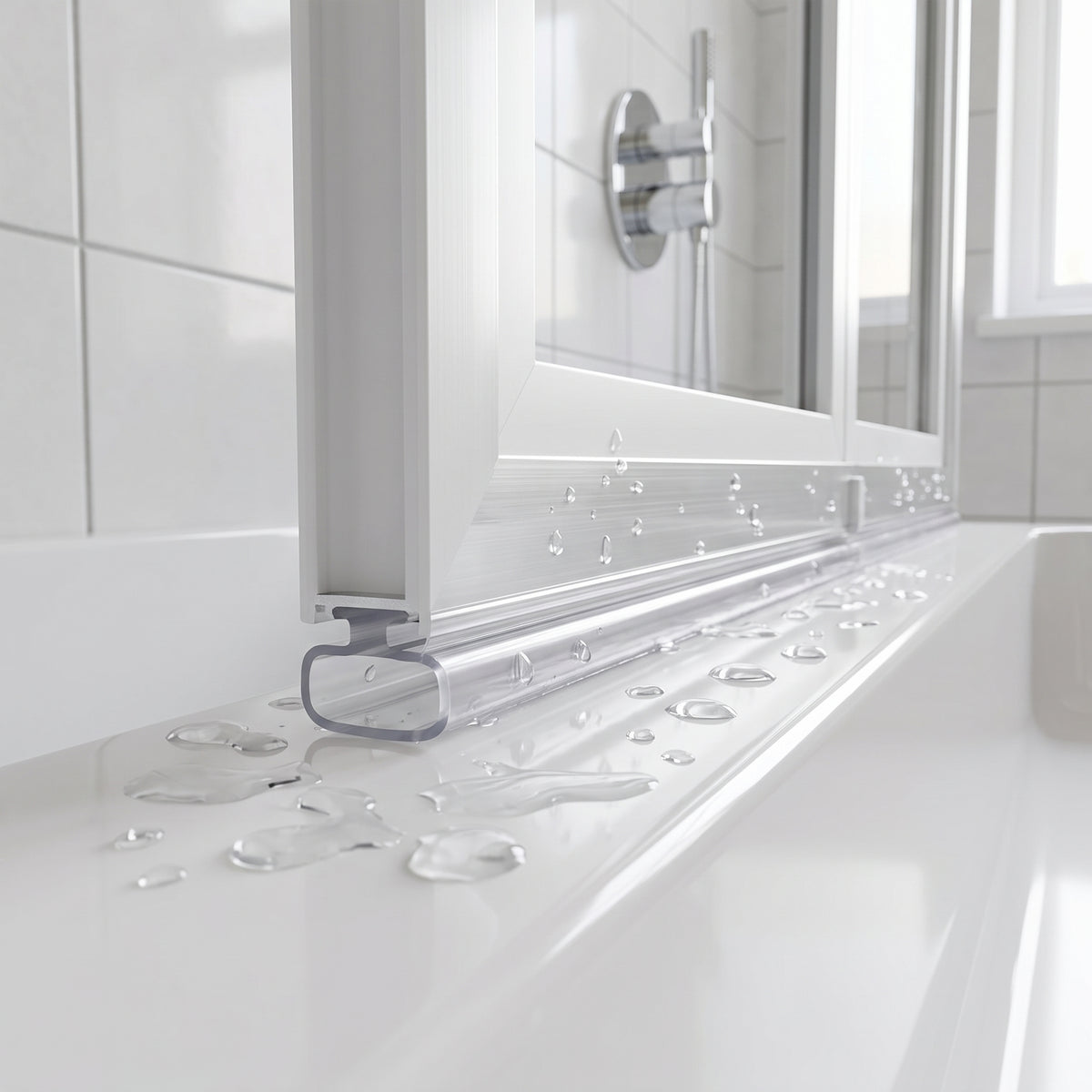 Clear pad seal along a white bath screen rail, large water droplets scattered on the bath top