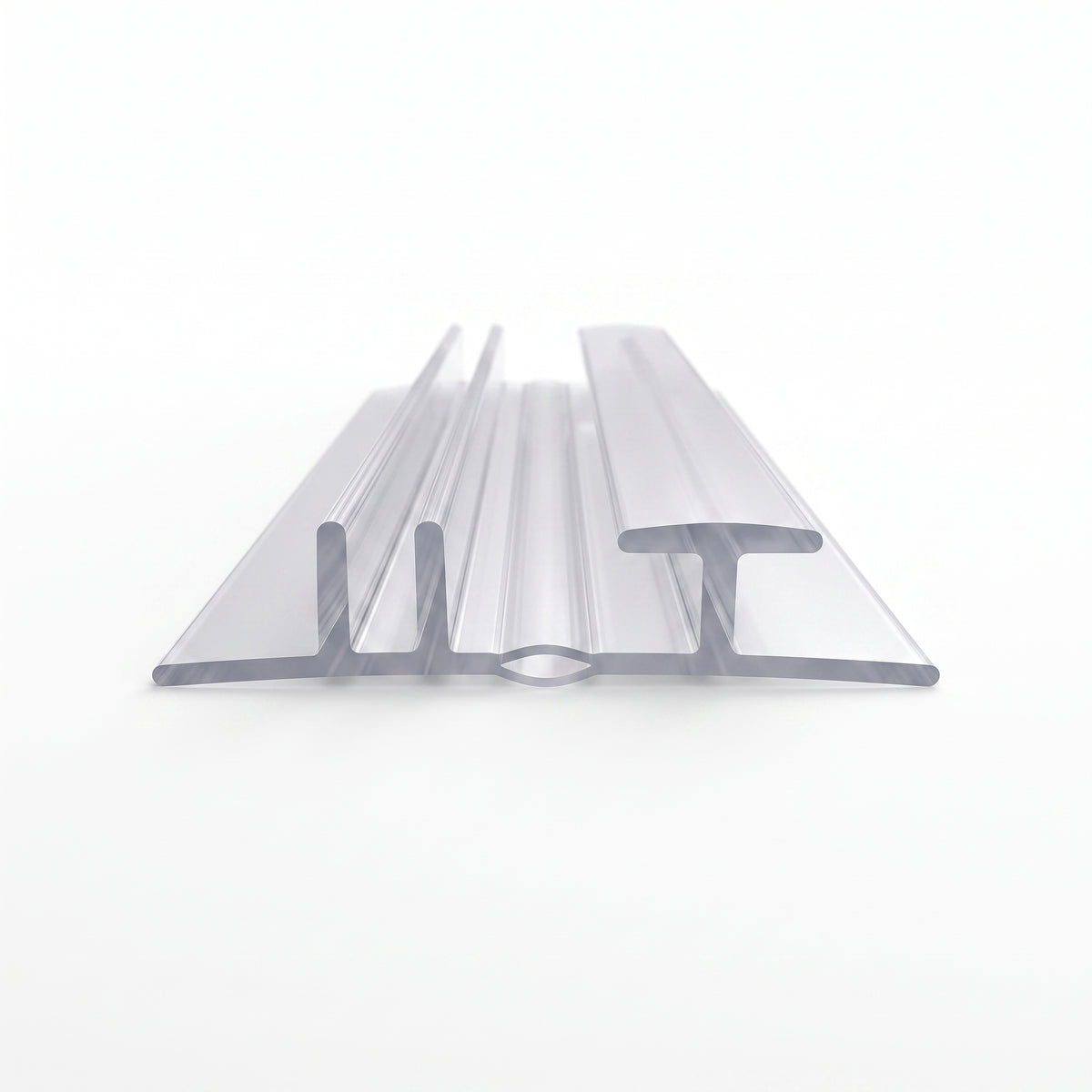 Clear bifold seal extrusion on white, wide flat base with a central twin-wall channel and T-head fin