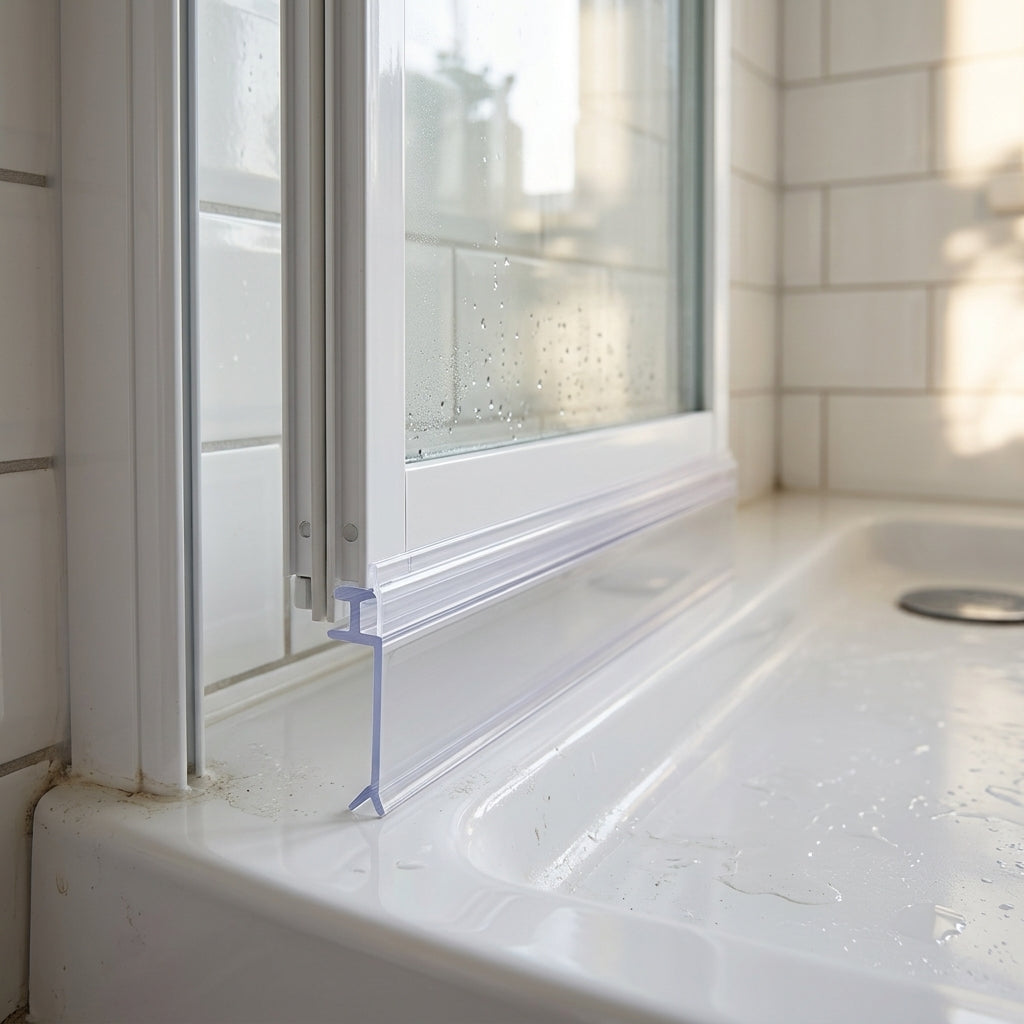 Clear bifold shower screen seal fitted to the bottom rail of a bifold door - tall clear blade with angled foot sealing to the shower tray