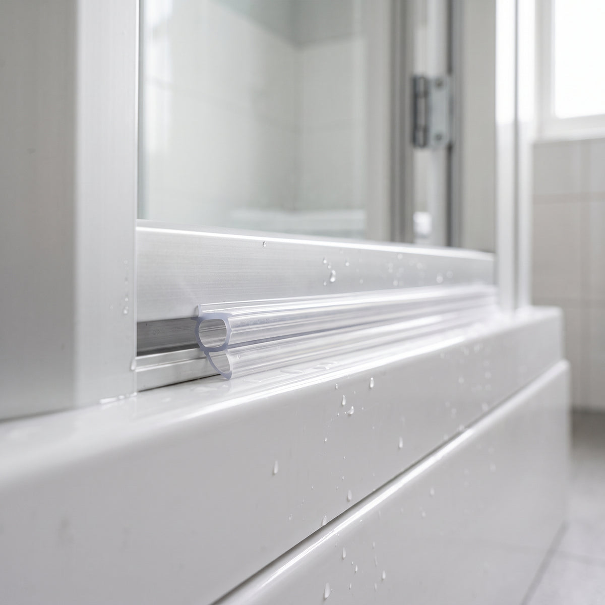 Clear bubble seal pressed into the recess of an aluminium screen rail, droplets on the white bath below