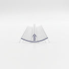 Clear seal end-on on white, shallow curved skirt with a single arrowhead barb at its centre