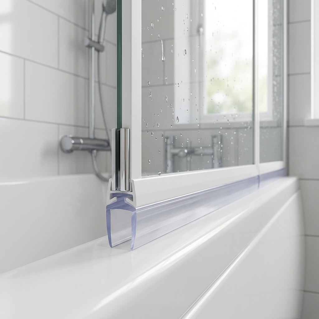 Clear 7mm T-head seal with tall 19mm blade sealing a 12-19mm gap under a bifold bath screen