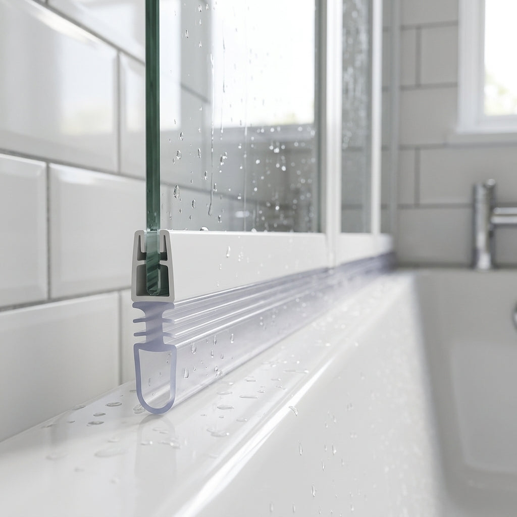 Clear 8mm T-head seal with tall 20mm blade sealing a 15-20mm gap under a bifold bath screen