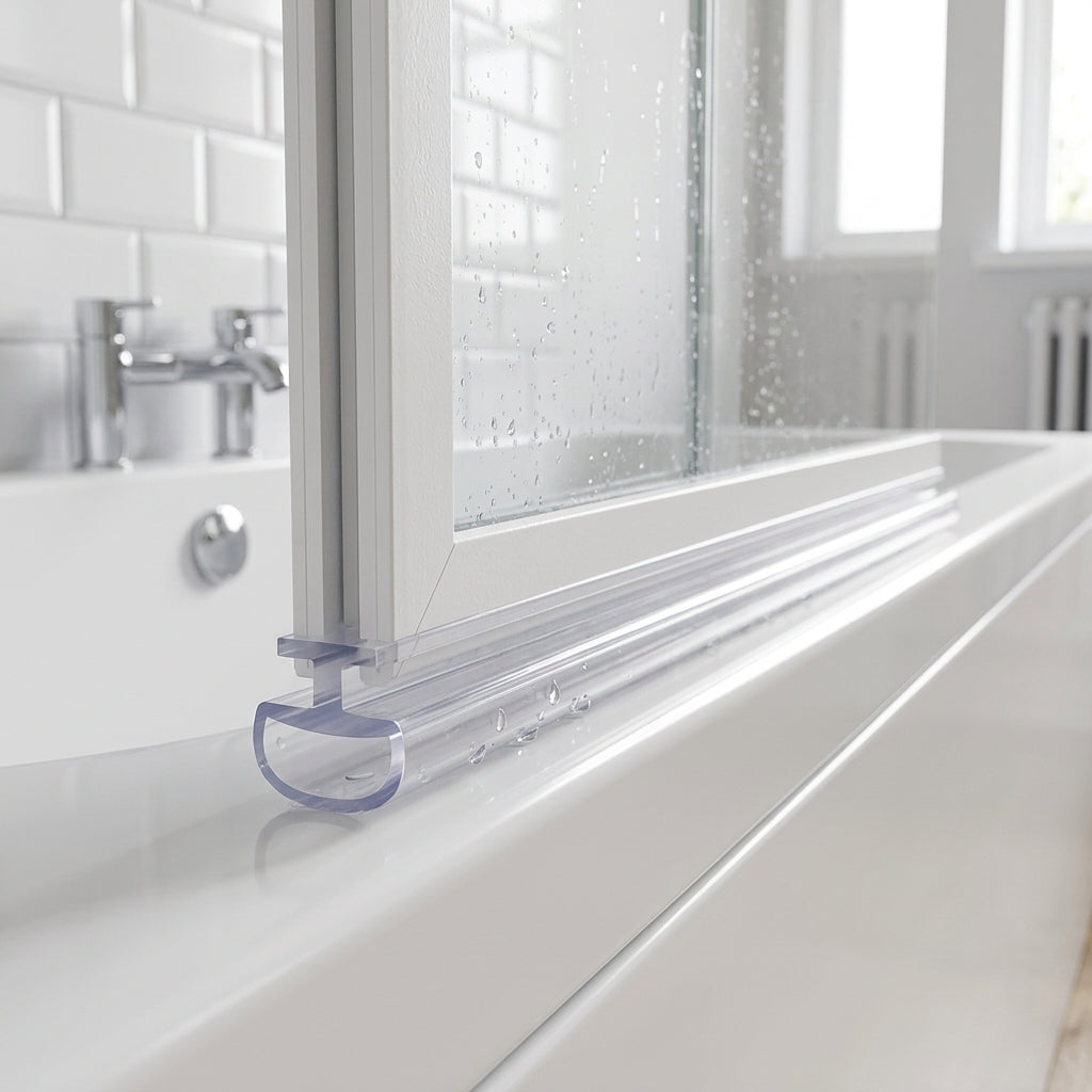 Clear 7mm T-head low-profile seal sealing a 2-7mm gap under a bifold bath screen