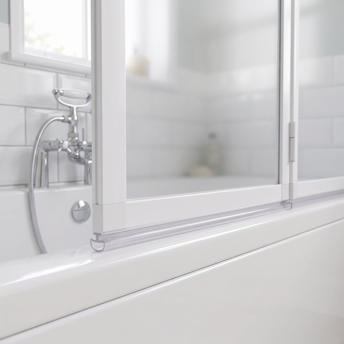 Low clear seal along the rail of a white folding bath screen, chrome bath mixer and metro tiles behind