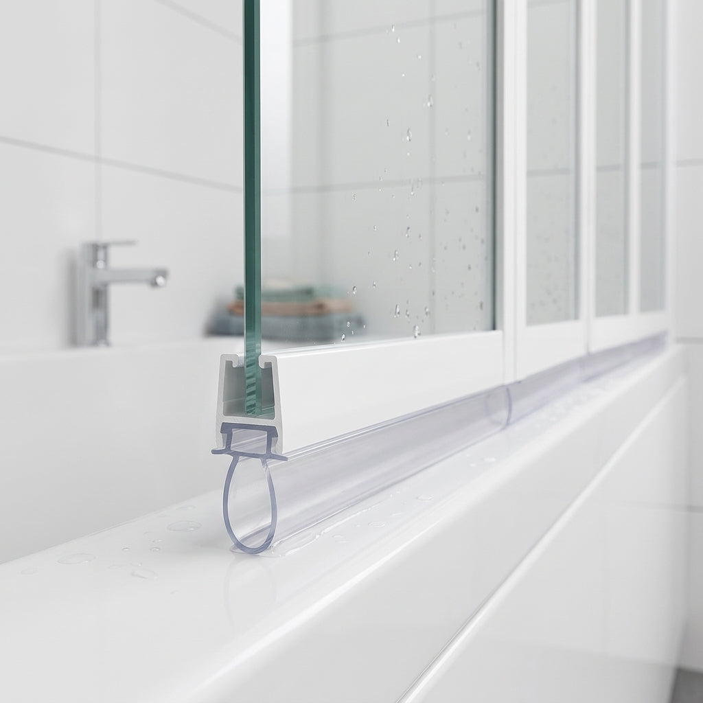 Clear channel seal fitted along the bottom of a 3-panel folding bath screen, sealing to the bath rim