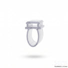 Clear bath screen seal cut piece end-on on white, flanged head above a hollow oval bubble