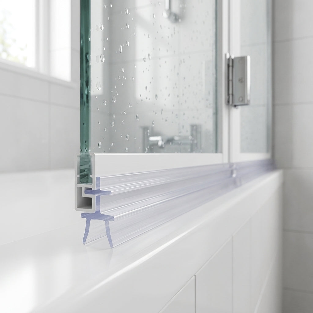 Clear 6mm T-head seal with 11.5mm body sealing a 4-9mm gap under a bifold shower door