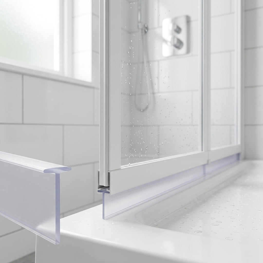 Clear 5mm T-head seal with tall 17mm blade sealing a 12-17mm gap under a bifold shower door