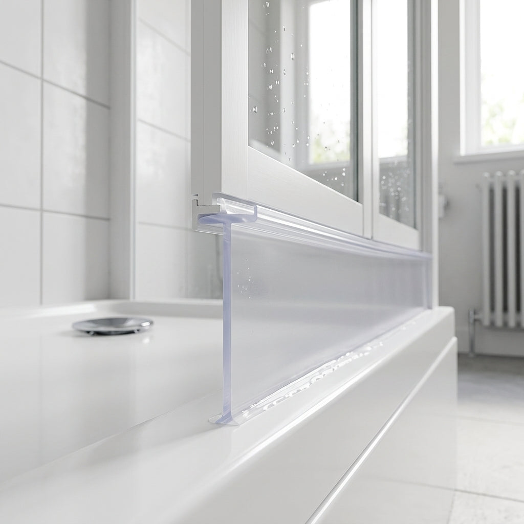 Clear 5mm T-head seal with extra tall 27mm blade sealing a 22-27mm gap under a bifold shower door