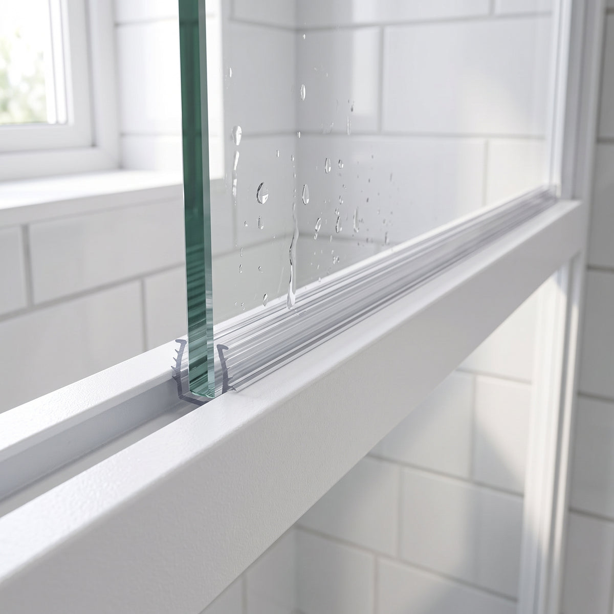 Clear frame seal along the bottom rail of a white shower screen, water droplets on the glass above