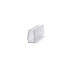 Short piece of clear frame seal on white, U-channel with barbed fins along one outer wall