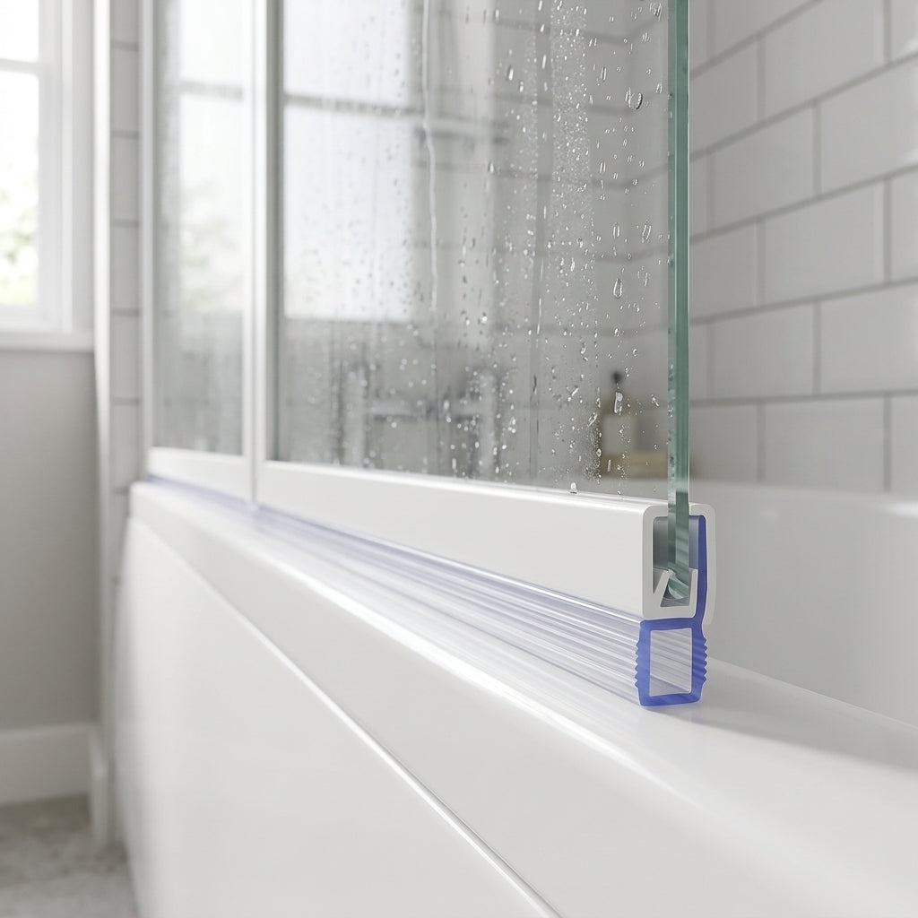 Clear push-in seal fitted into a narrow 3-5mm recess on a bifold bath screen bottom rail