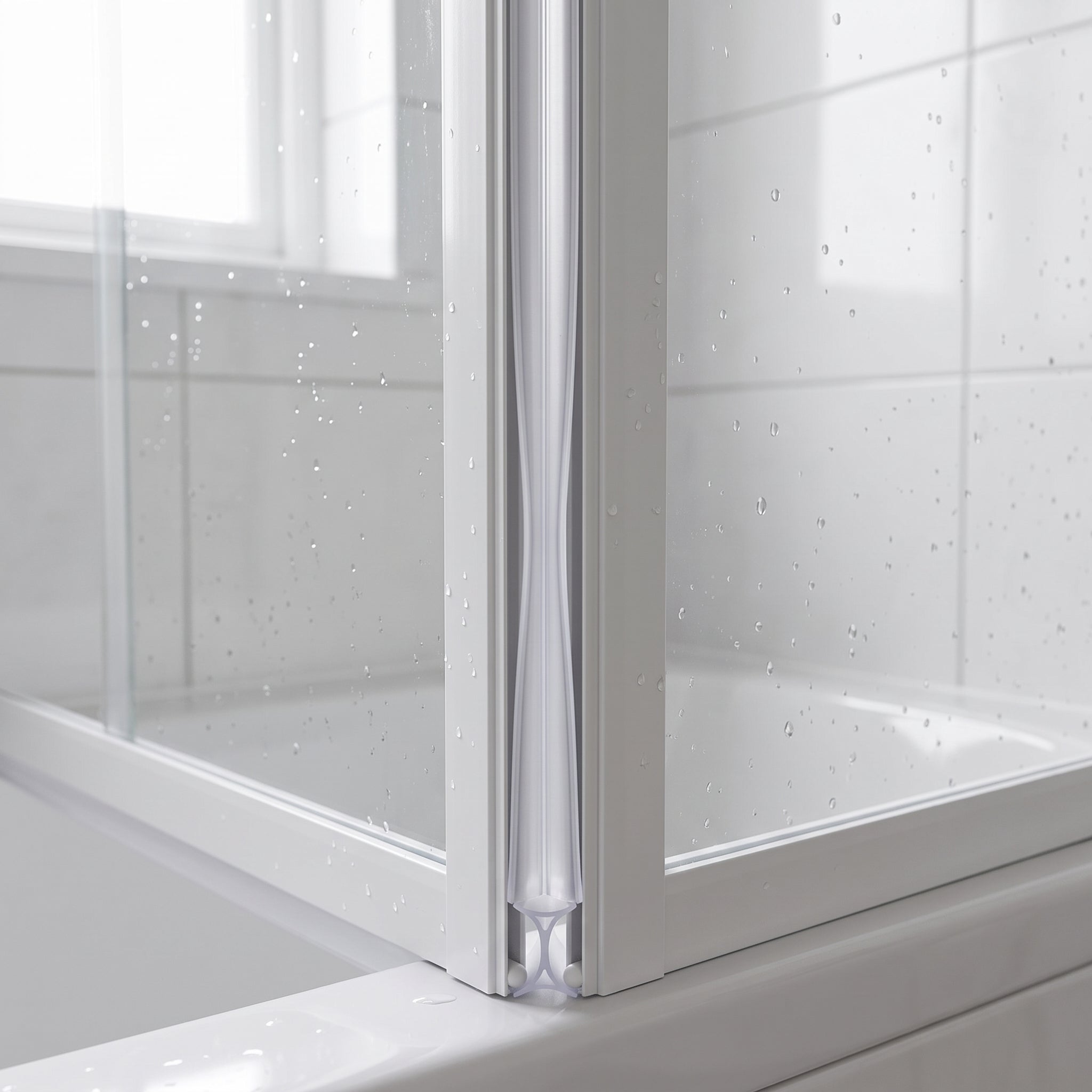 White X-profile seal fitted between the folding panels of a concertina bath screen