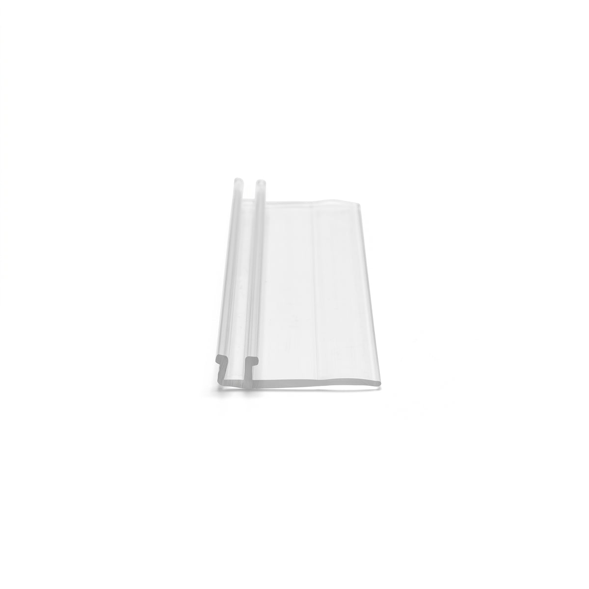 Clear F-shaped seal offcut on white, flat blade with a raised top-hat channel along one edge