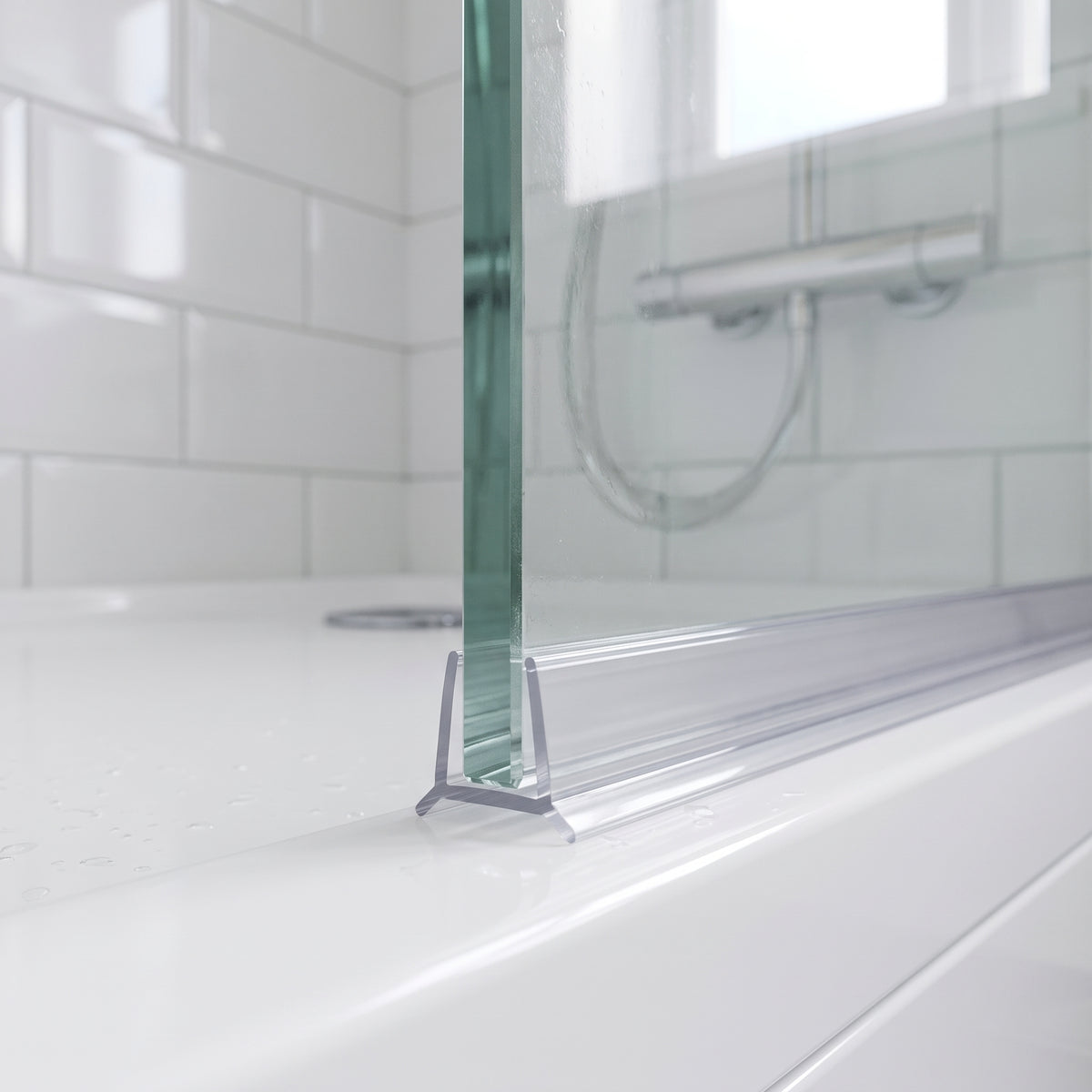 Clear grip seal on the bottom edge of a glass shower panel over a white tray, metro tiles and chrome valve behind