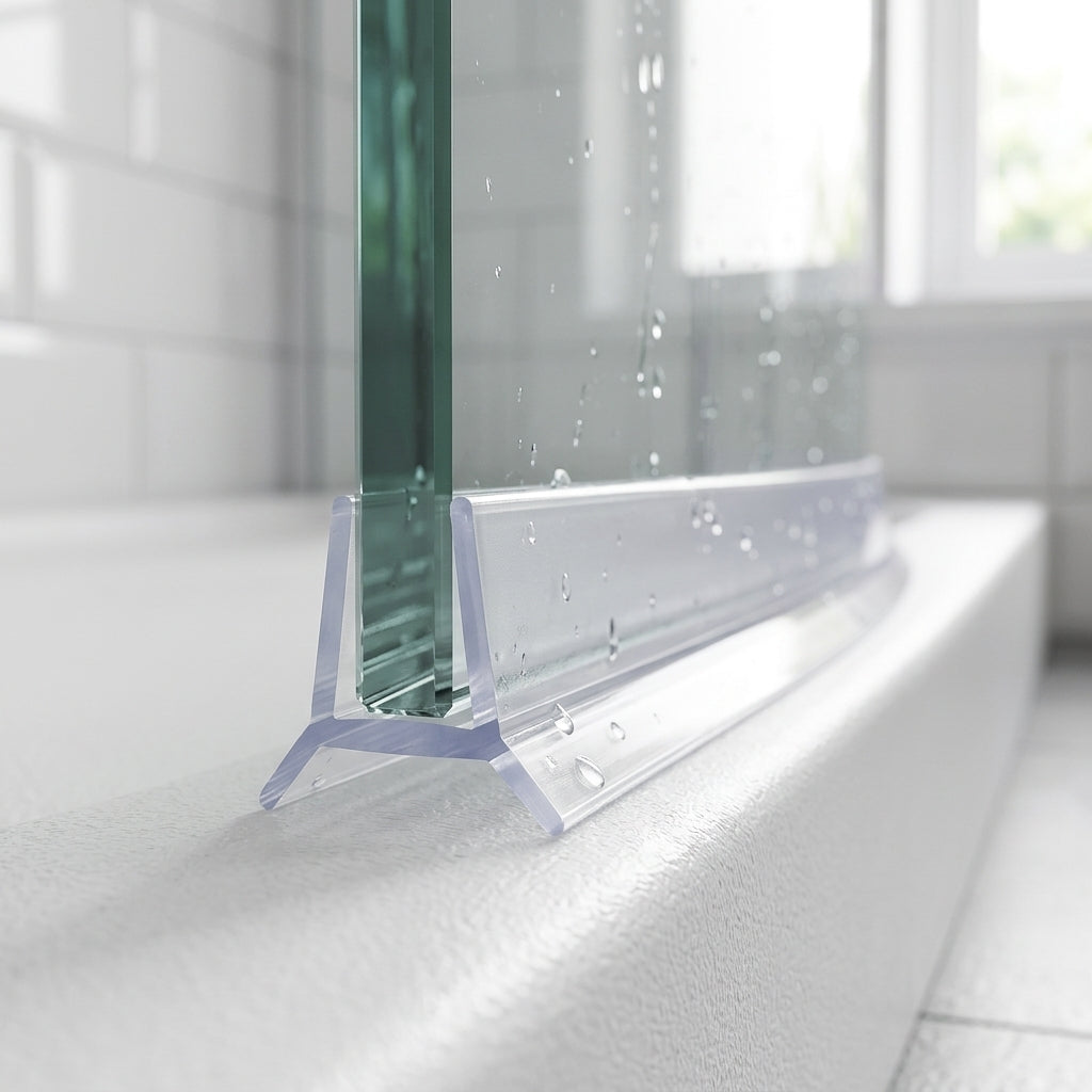 Clear seal gripped onto the bottom edge of 8-10mm frameless glass, sealing a 1-4mm gap to the tray