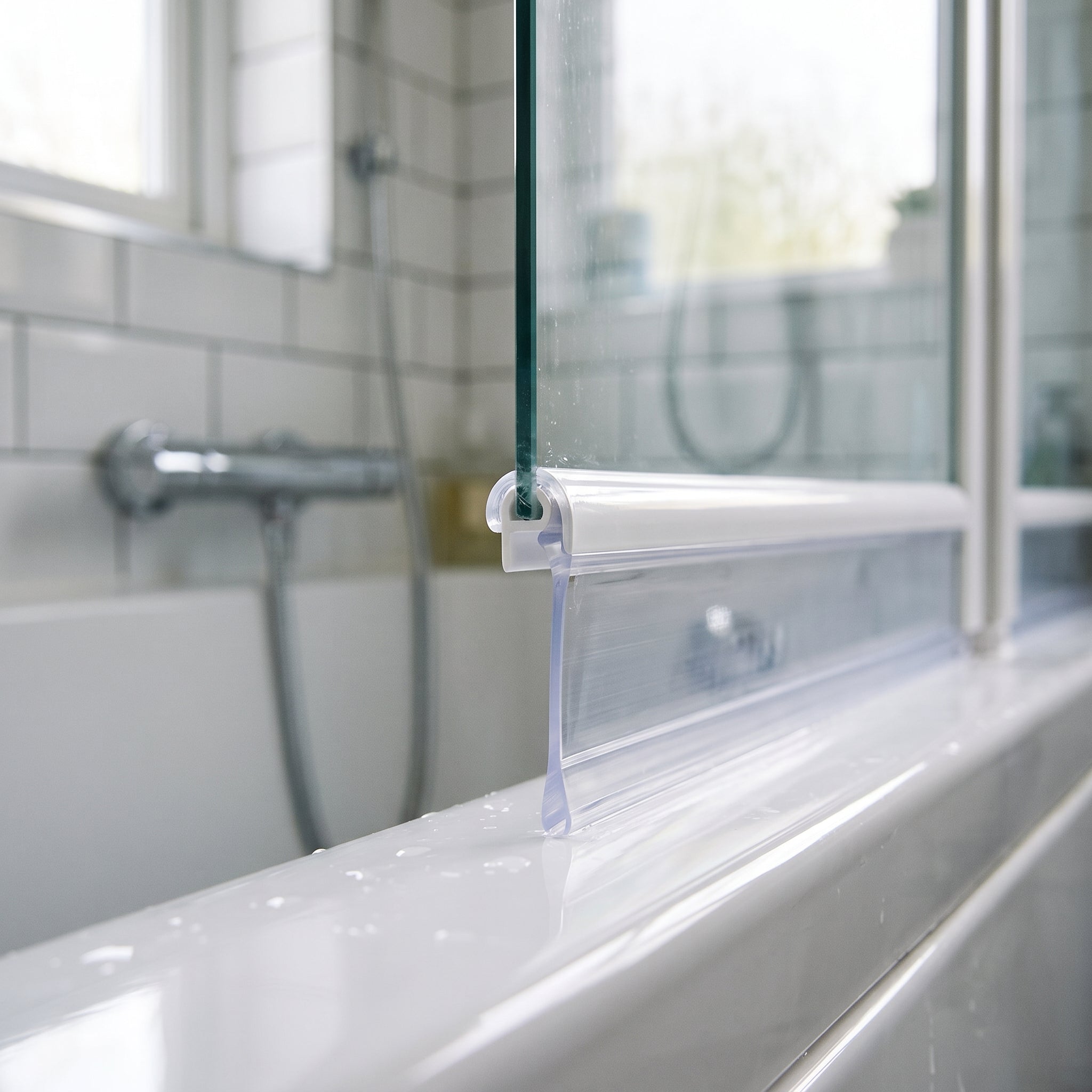 Clear hook-over seal hooked on the bottom rail ridge of a bifold shower door, 34mm blade sealing down to the bath