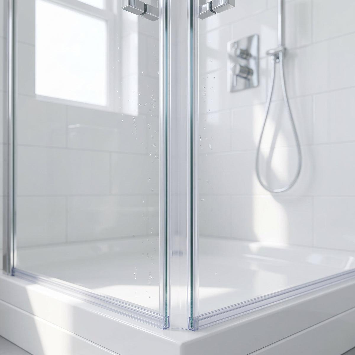 Clear corner seals down both glass edges of a sunlit white shower enclosure corner, tray below