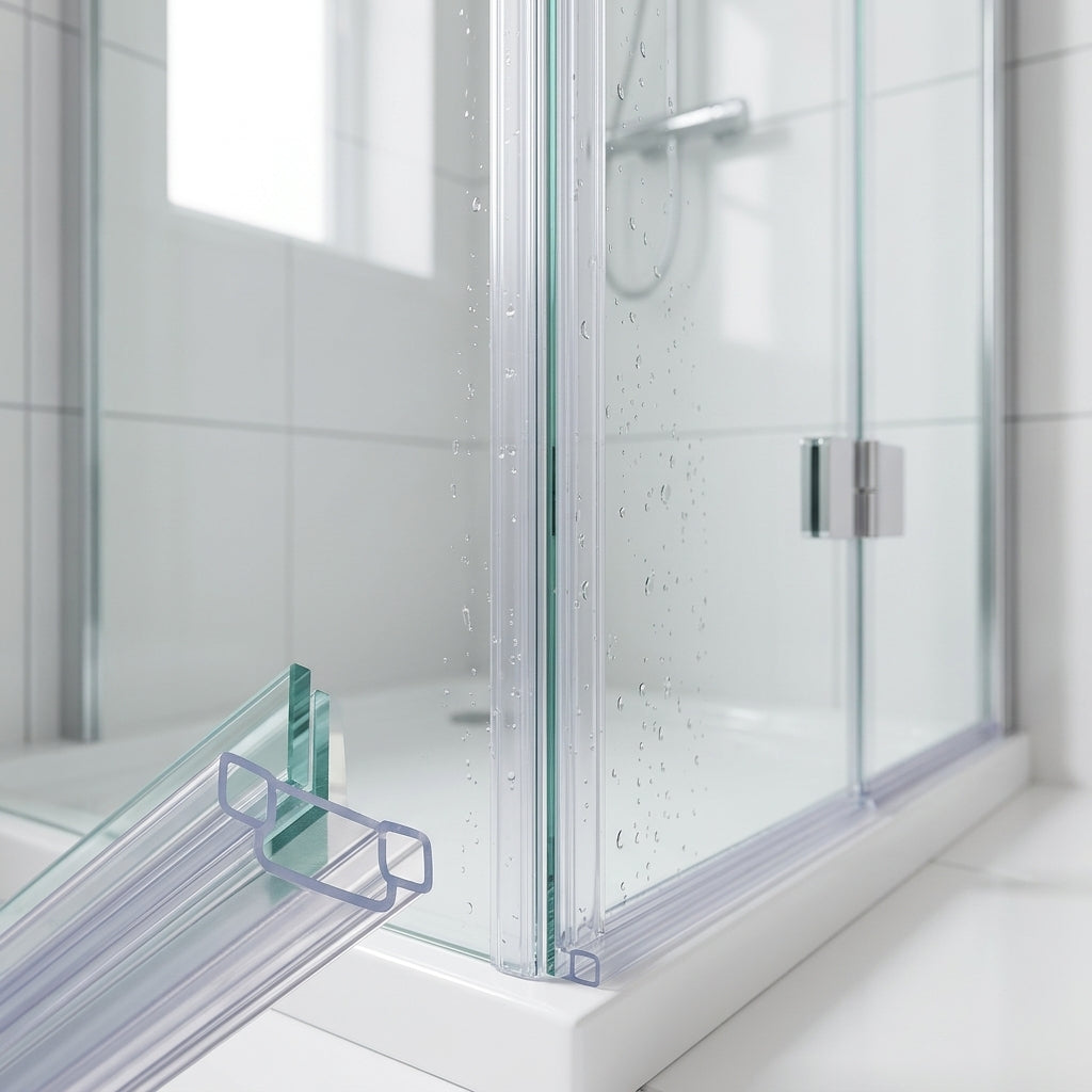 Clear U-section corner seal on 4-6mm glass where two bifold panels meet at an angle