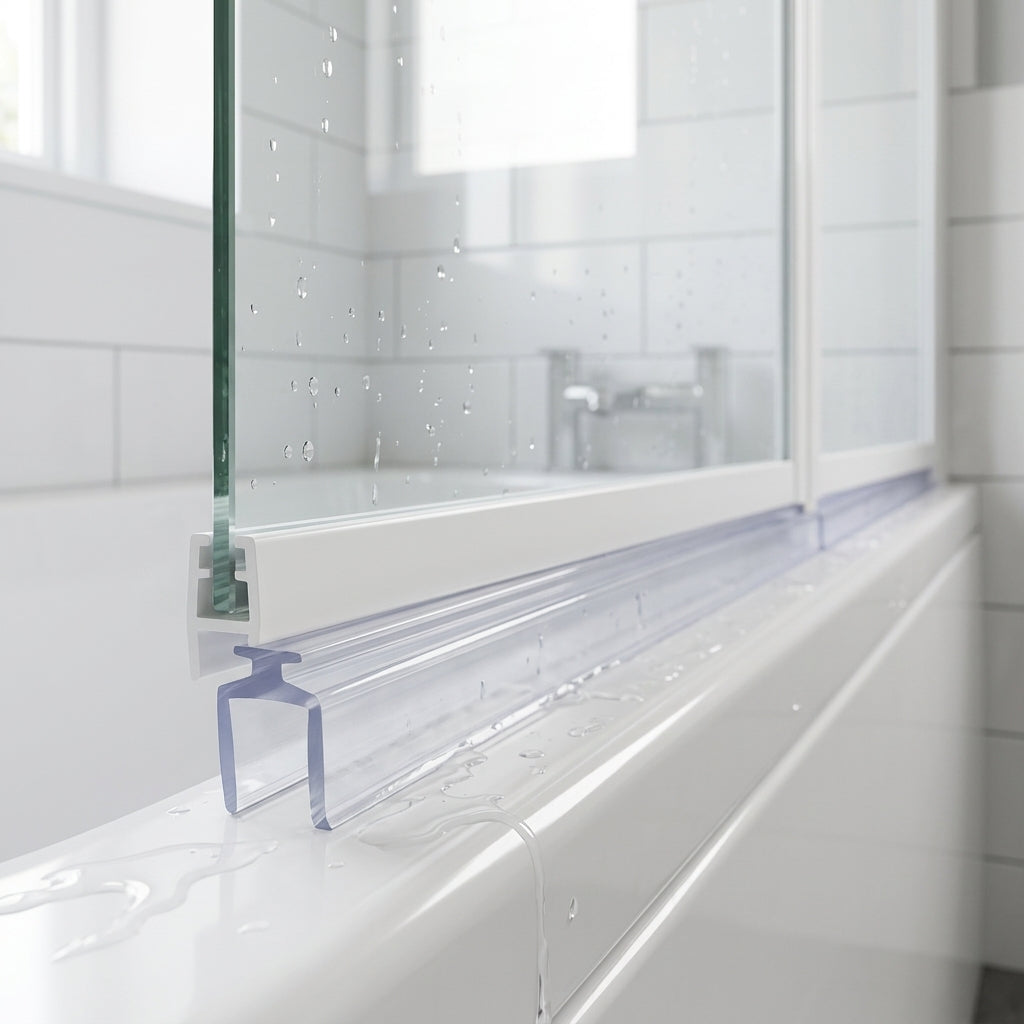 Clear 6.5mm T-head seal with 13.5mm body sealing an 8-13mm gap under a bifold bath screen