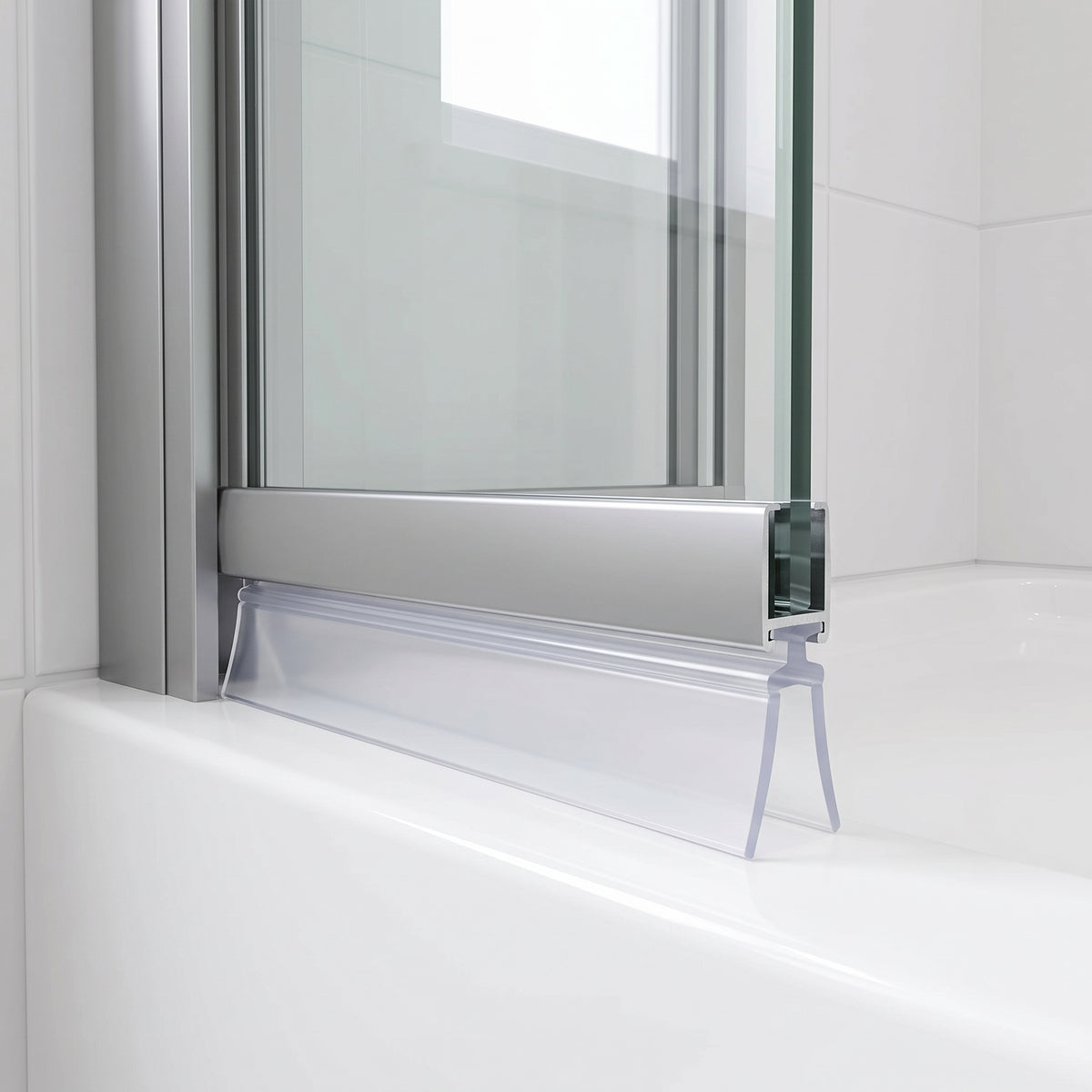 Clear tent-shaped seal splaying beneath the silver bottom rail of a bath screen, on a white bath