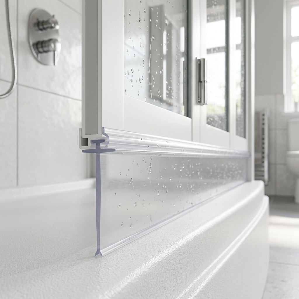 Clear 5mm T-head seal with extra tall 34mm blade sealing a 29-34mm gap under a bifold shower door