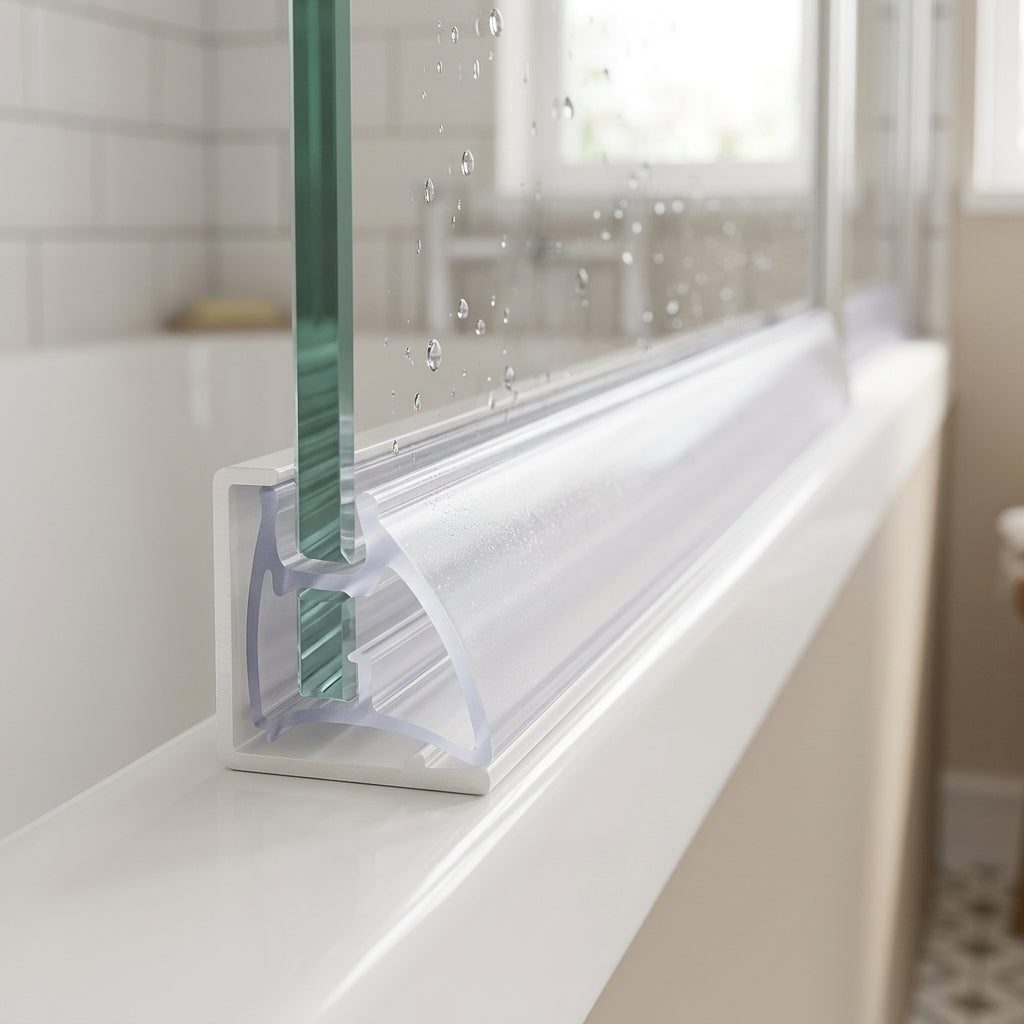 Clear seal pushed between the glass pane and frame on a bifold bath screen bottom rail
