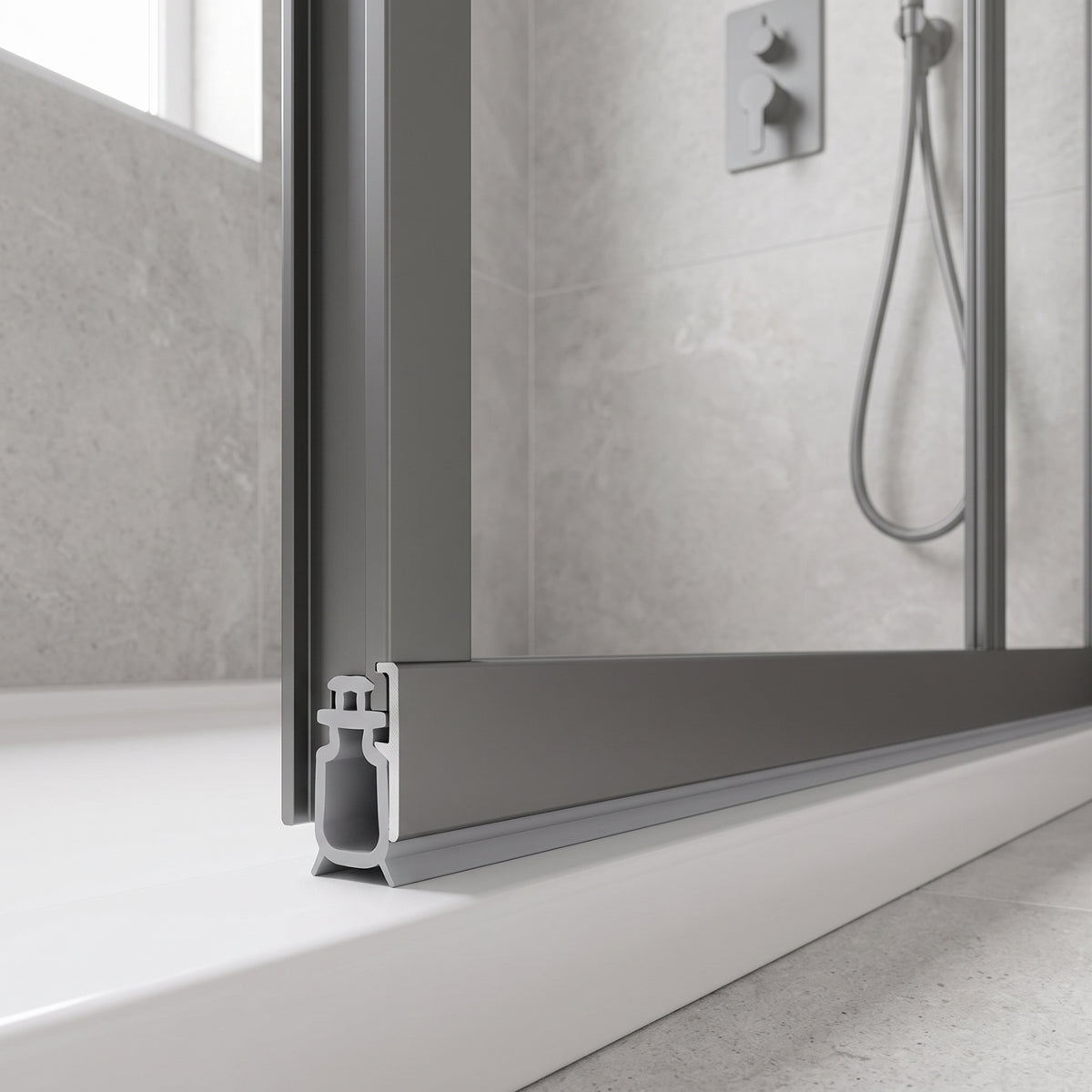 Grey seal fitted under the rail of a grey-framed bifold shower door over a white bath, in situ