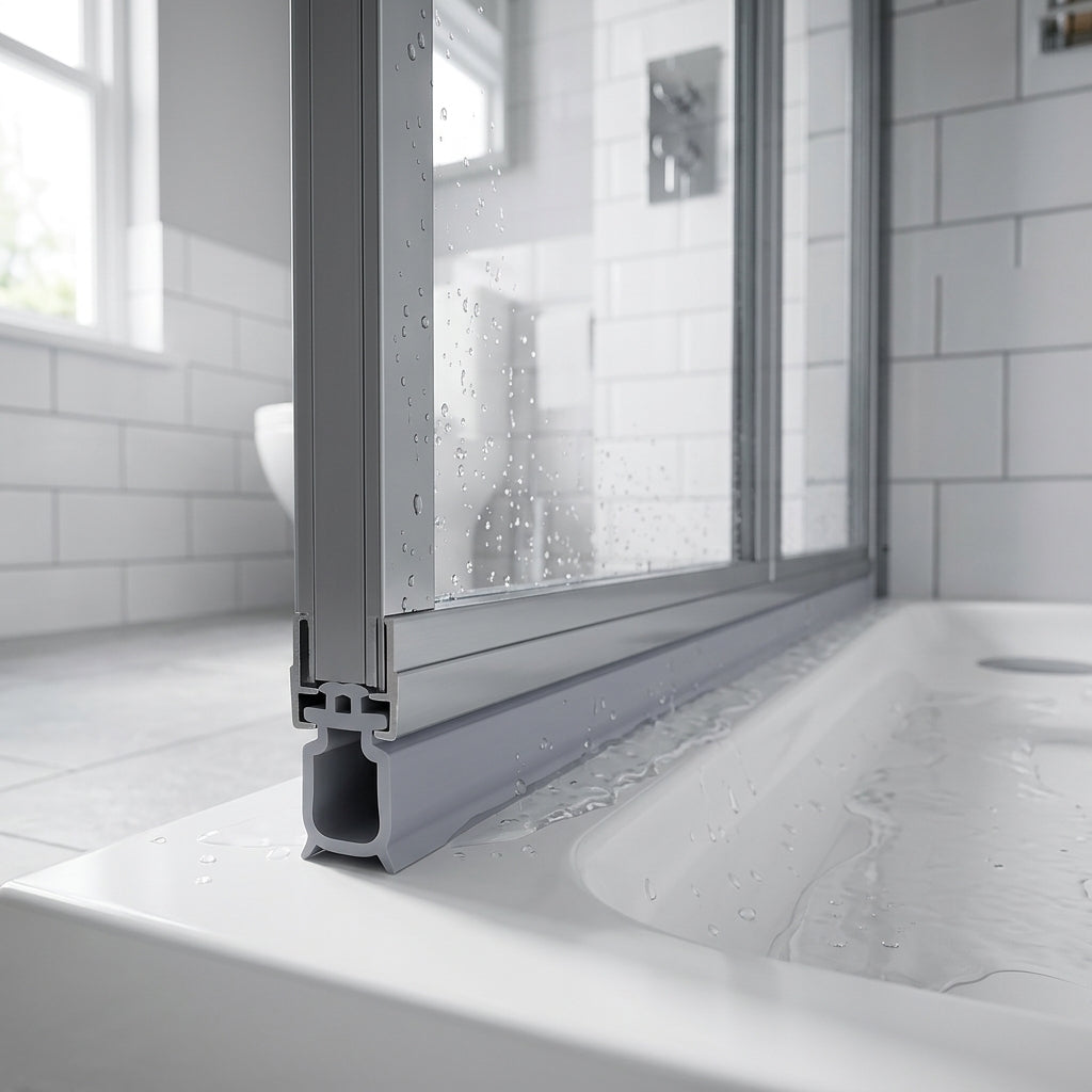 Grey 6mm T-head seal with tall 22mm blade sealing a 17-22mm gap on a grey-framed bifold shower door