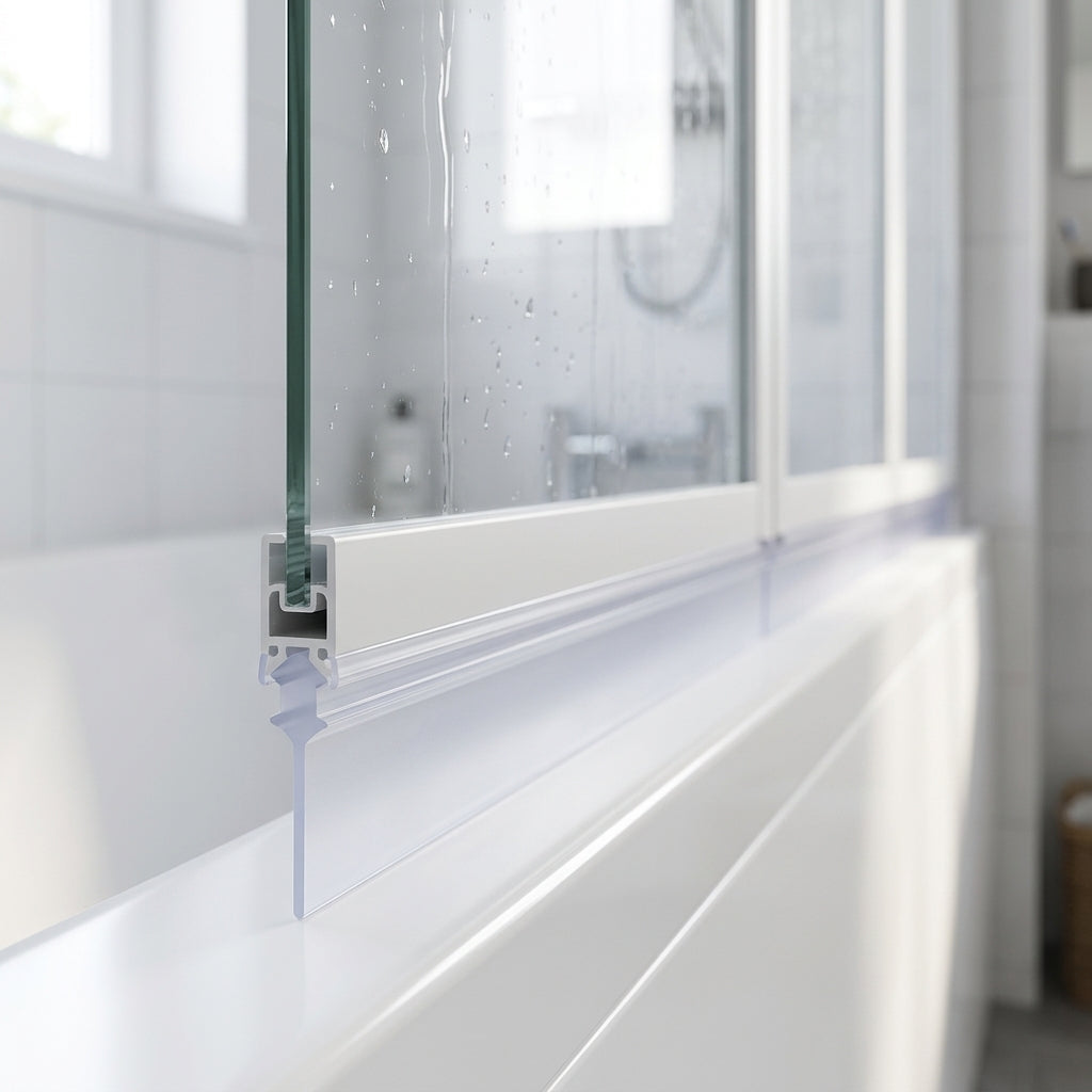 Clear 5mm T-head seal with 18mm blade sealing a 13-18mm gap under a bifold bath screen