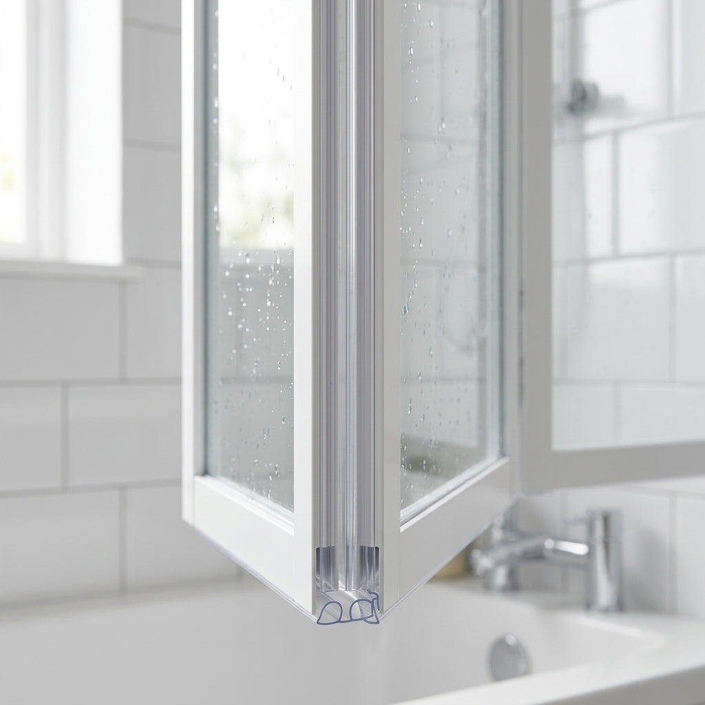 Clear semi-rigid seal fitted vertically on a folding bath screen upright, Bathstore Atlantes style