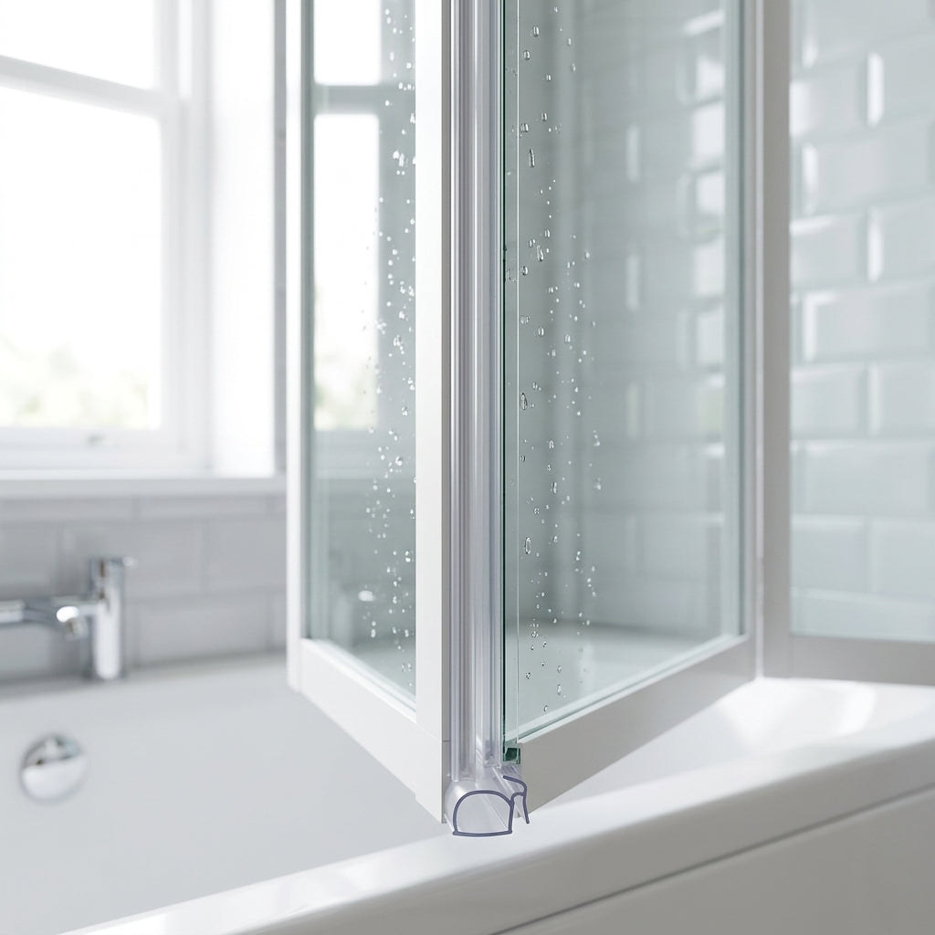 Clear semi-rigid vertical seal on a folding bath screen upright, Bathstore Atlantes style