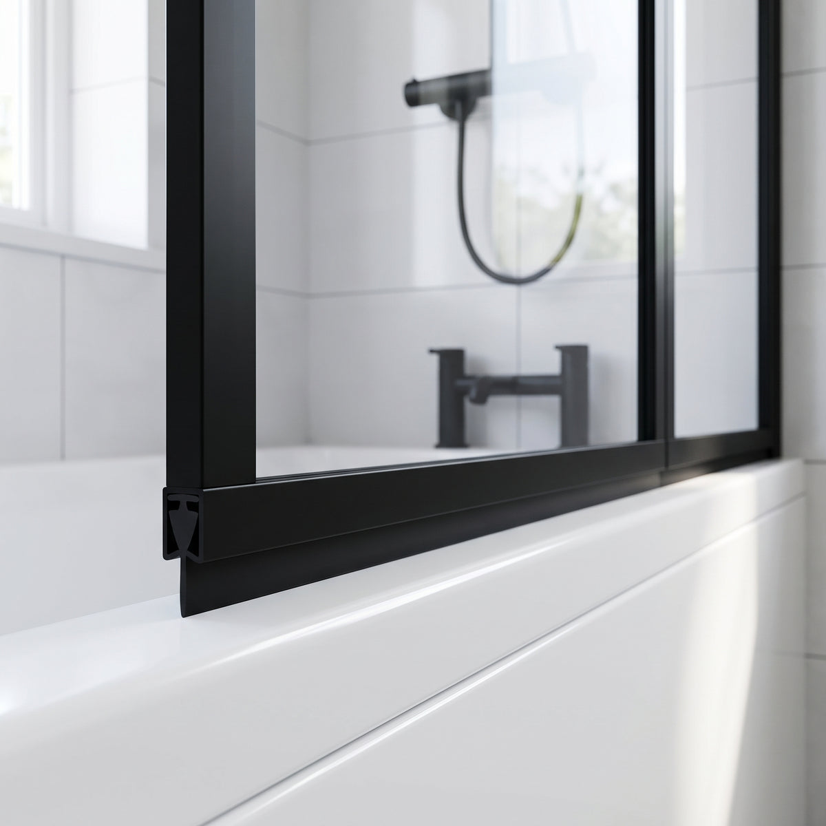 Black seal along the bottom rail of a black-framed bath screen above a white bath, black taps behind