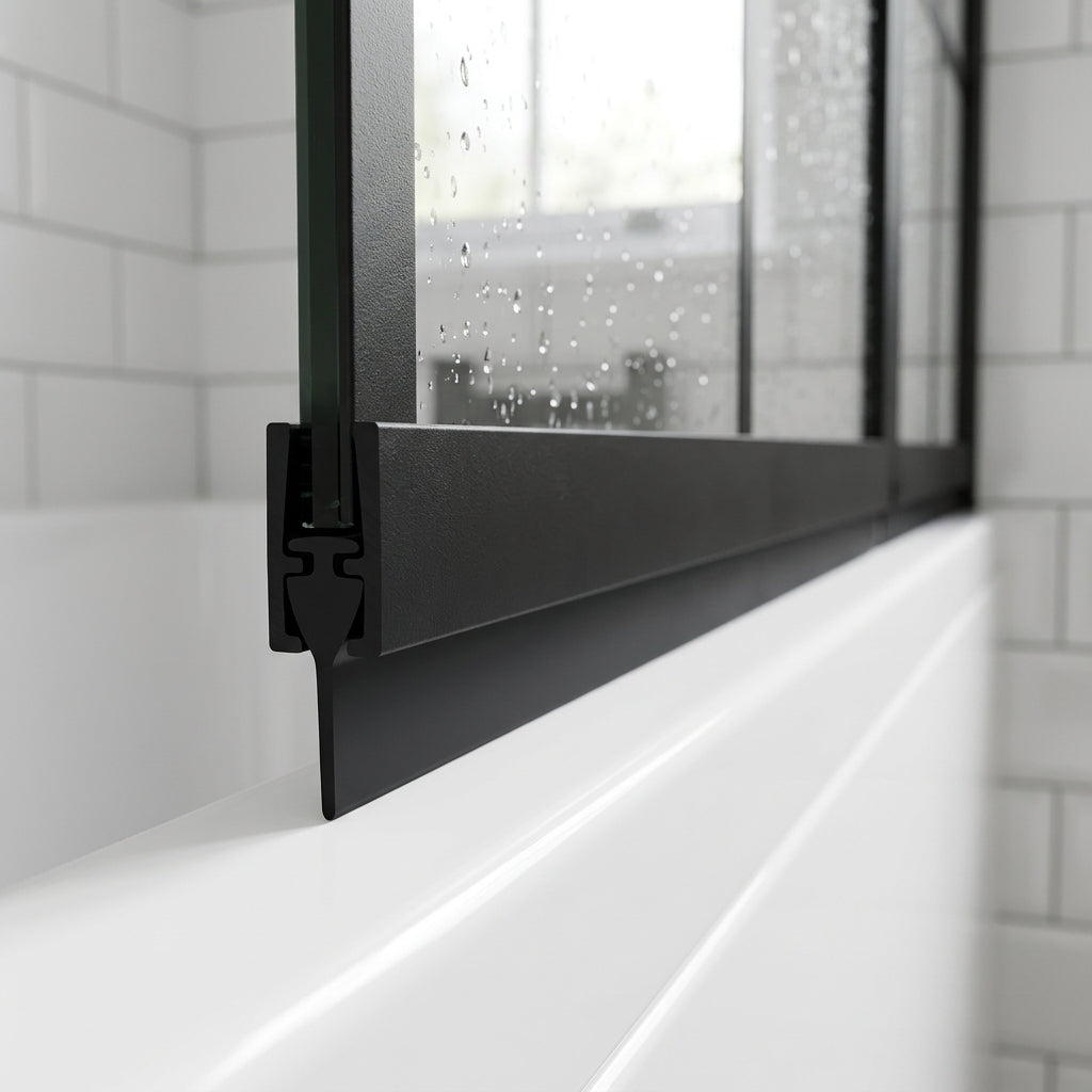 Black 4.5mm T-head seal with tall 19mm blade sealing a 14-19mm gap on a black-framed bath screen
