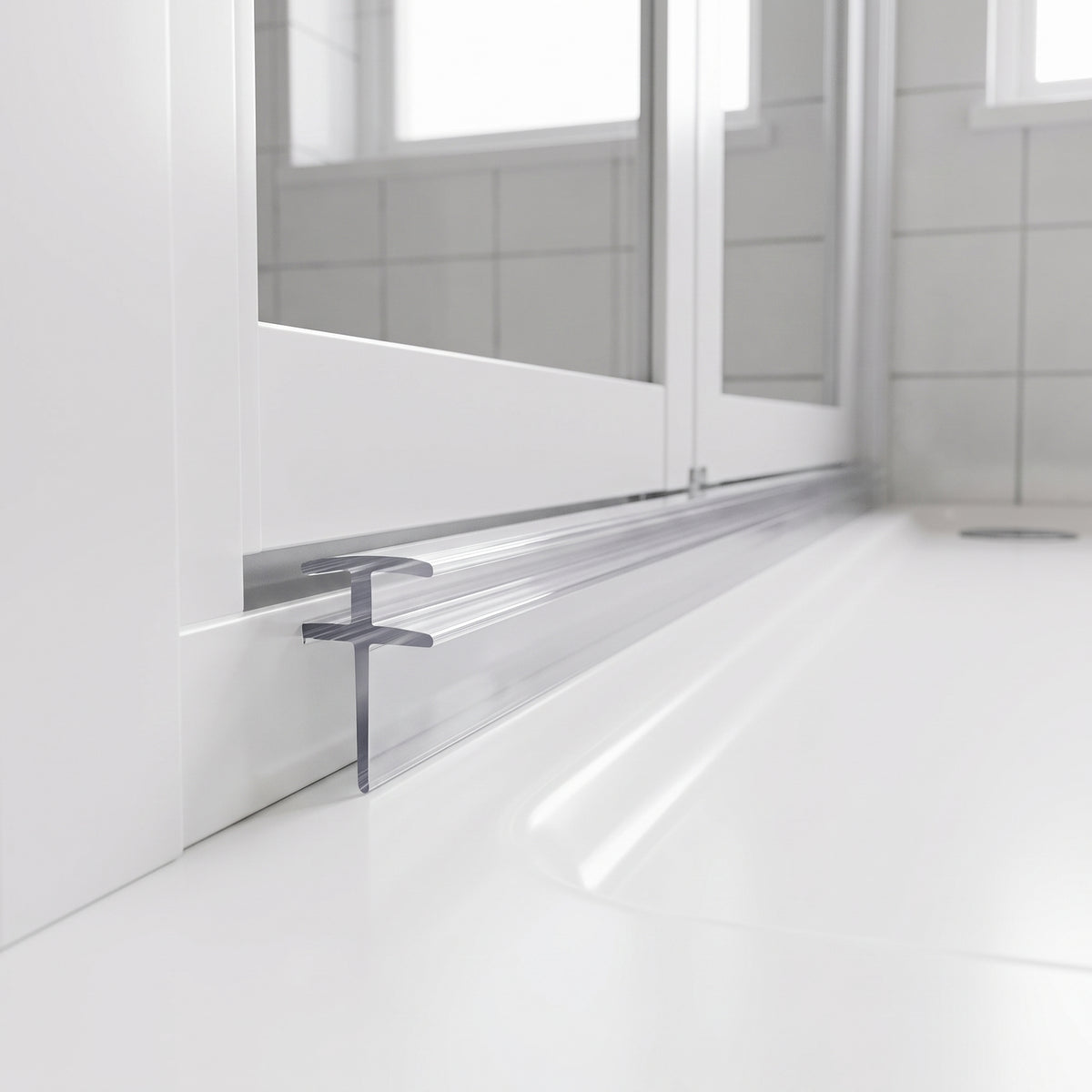 Clear T-head seal running the length of a white bifold door bottom rail above a white tray
