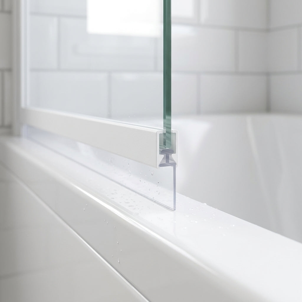 Clear 5mm T-head shower seal fitted along a bath screen bottom rail, blade sealing against the bath rim