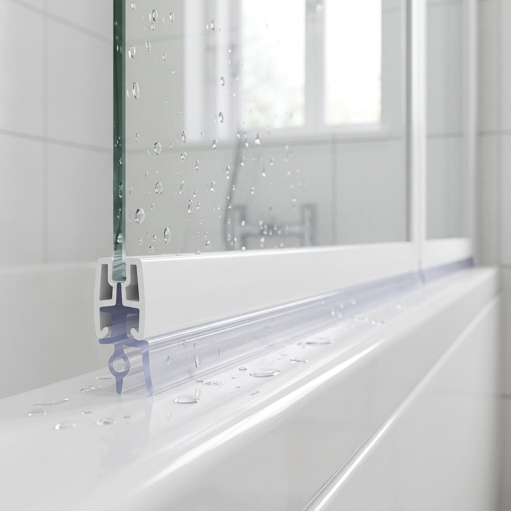 Clear channel seal fitted along the bottom of a folding bifold bath screen, sealing to the bath rim