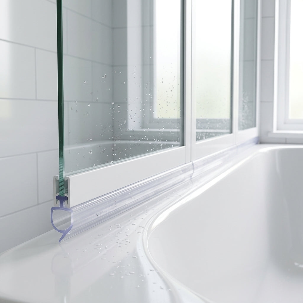 Clear 4.5mm T-head bifold seal in a bath screen bottom channel sealing an 8-13mm gap