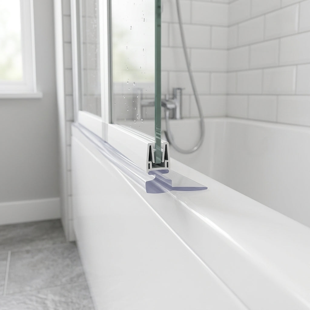 Clear 6mm T-head bifold seal in a bath screen bottom channel sealing a 4-6mm gap to the bath rim