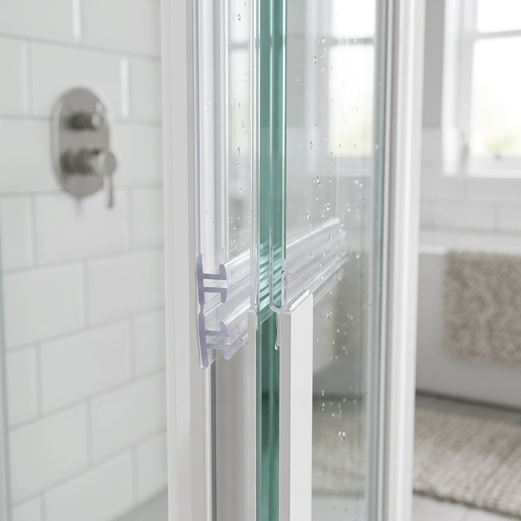 Clear 8mm T-head seal fitted vertically sealing the joint between two glass panels on a bifold door