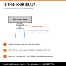 Fit-check graphic headed 'Is this your seal?' - a T-ridge frame diagram above three numbered checks