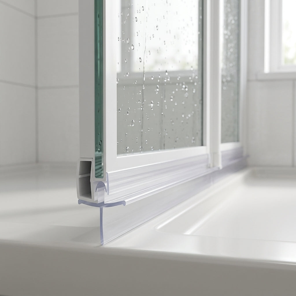 Clear push-in bifold seal with tall blade sealing a large gap up to 14mm under a shower door