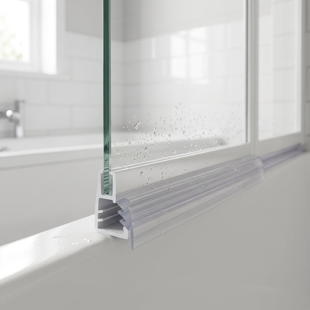 Clear seal slotted into the gap between glass pane and frame on a bifold bath screen bottom rail