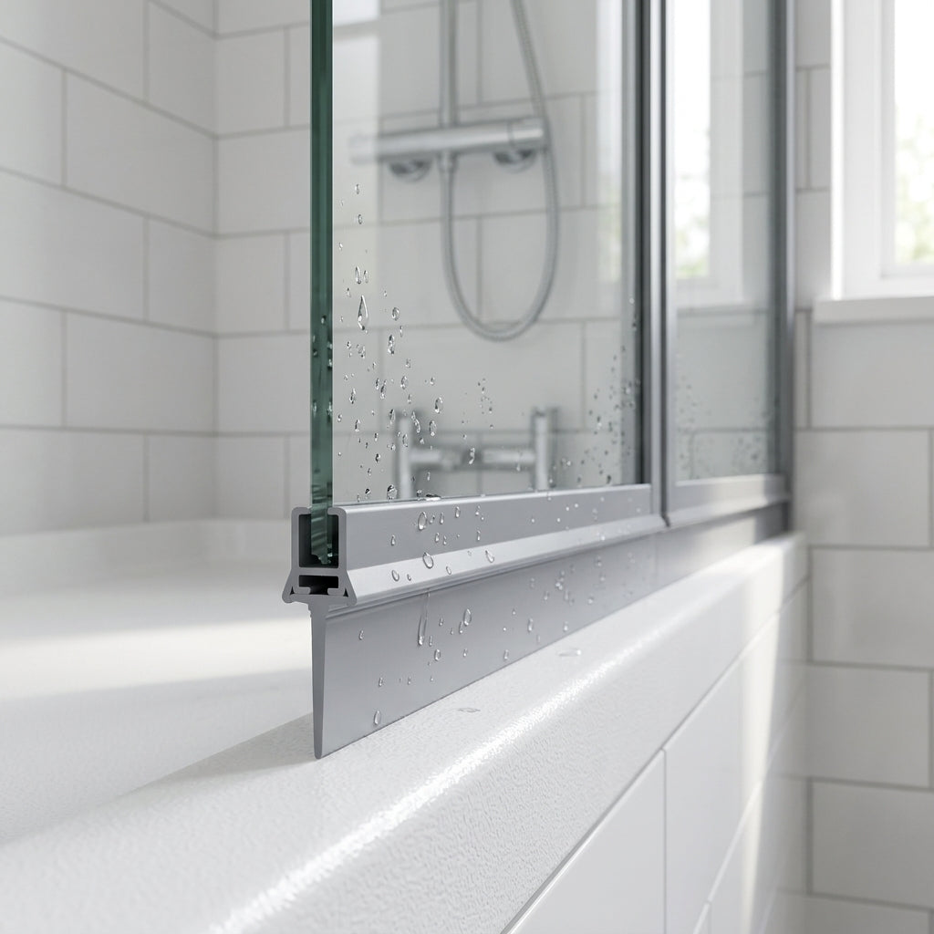 Grey 7.5mm T-head seal with tall blade sealing a 12-17mm gap under a grey-framed bifold shower door