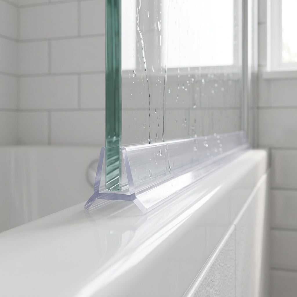 Clear seal gripped onto the bottom edge of 4-6mm frameless glass on a bath screen, sealing a small gap to the bath